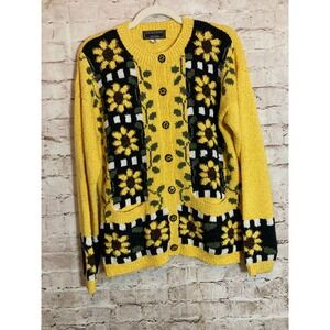 Vintage South Cotton Sweater Medium Heavy Yellow Sunflower Print Hand Loomed